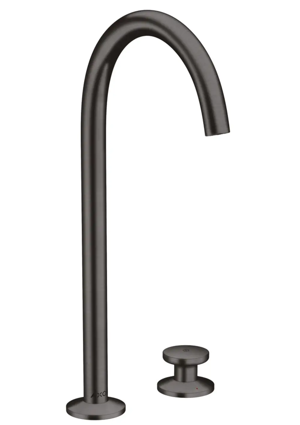 Waschtischmischer von AXOR in gebürstetem schwarzem Chrom mit zwei Löchern und Push-Open Ablaufgarnitur. Hoher, geschwungener Auslauf und runder Hebel.